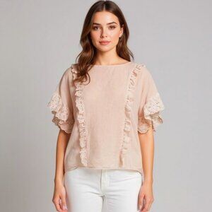 ALLSAINTS Women’s Isa Tee Ruffled Eyelet-Detail Pale Pink Cotton Top Size Large